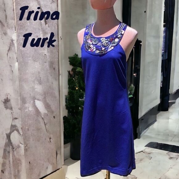 TRINA TURK SPRING SUMMER SLEEVELESS DRESS STONE BEADS PEARLS BLING MEDIUM - Picture 1 of 10